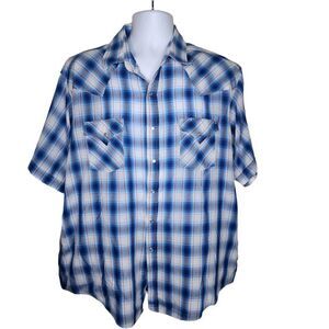 Plains Western Wear Short Sleeve Snap Shirt Mens Size XL Blue Plaid